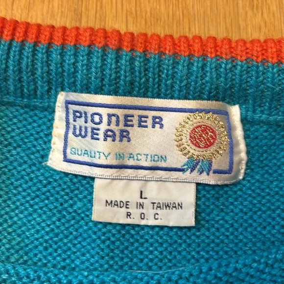 Vtg Pioneer Wear Sweater Suede Fringe Turquoise 70s Size Large - Picture 5 of 6